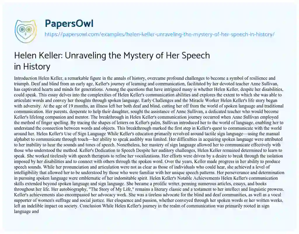Essay on Helen Keller: Unraveling the Mystery of her Speech in History