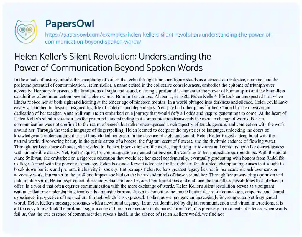 Essay on Helen Keller’s Silent Revolution: Understanding the Power of Communication Beyond Spoken Words