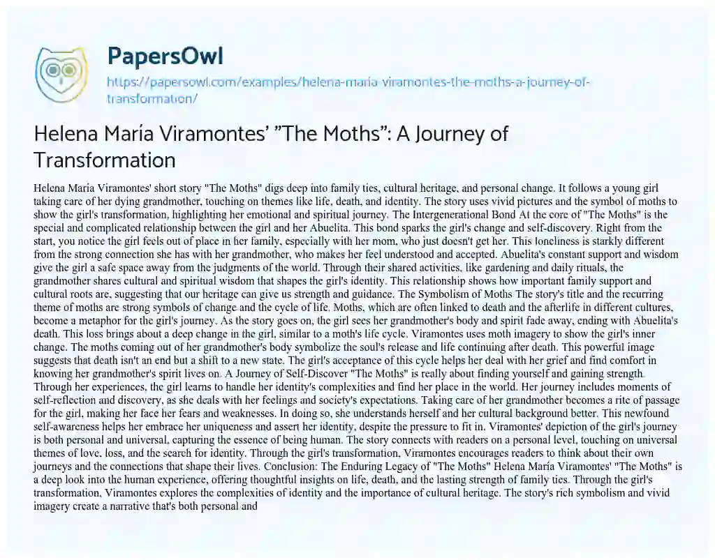 Essay on Helena María Viramontes’ “The Moths”: a Journey of Transformation