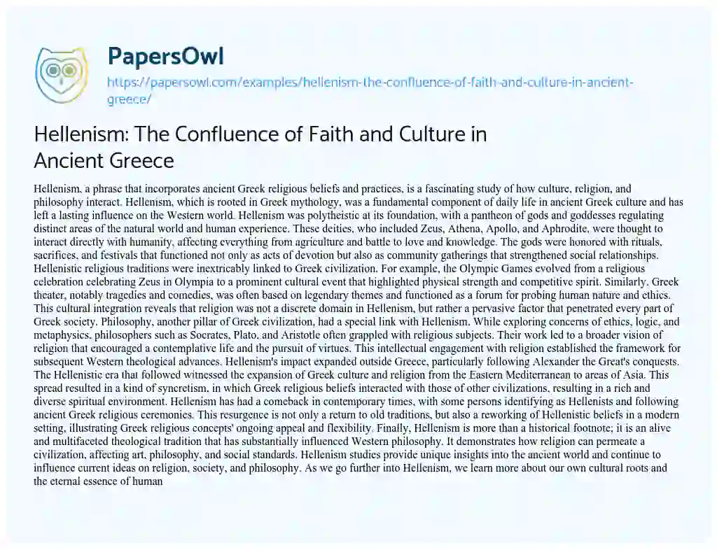 Essay on Hellenism: the Confluence of Faith and Culture in Ancient Greece