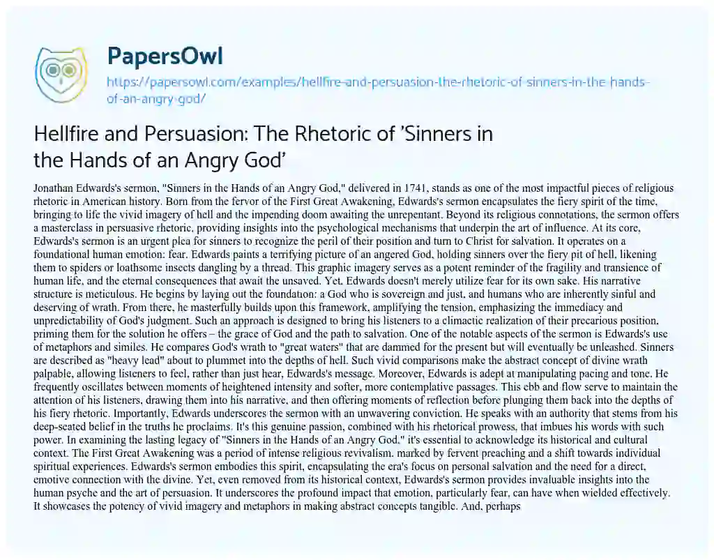 Essay on Hellfire and Persuasion: the Rhetoric of ‘Sinners in the Hands of an Angry God’