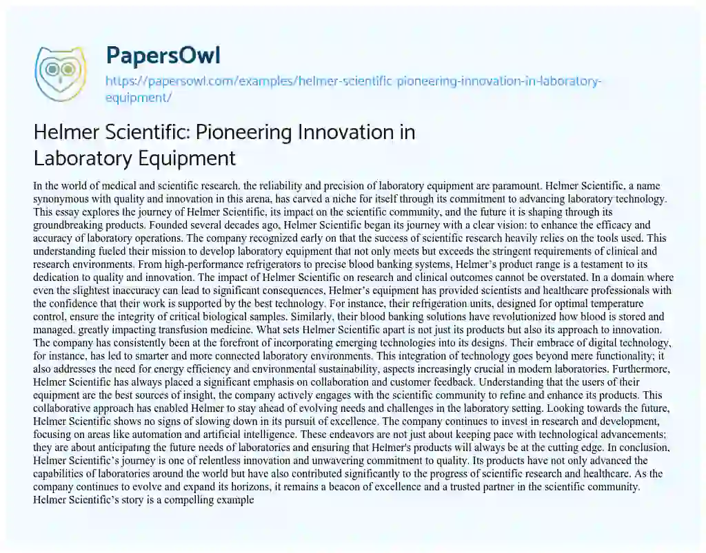 Essay on Helmer Scientific: Pioneering Innovation in Laboratory Equipment