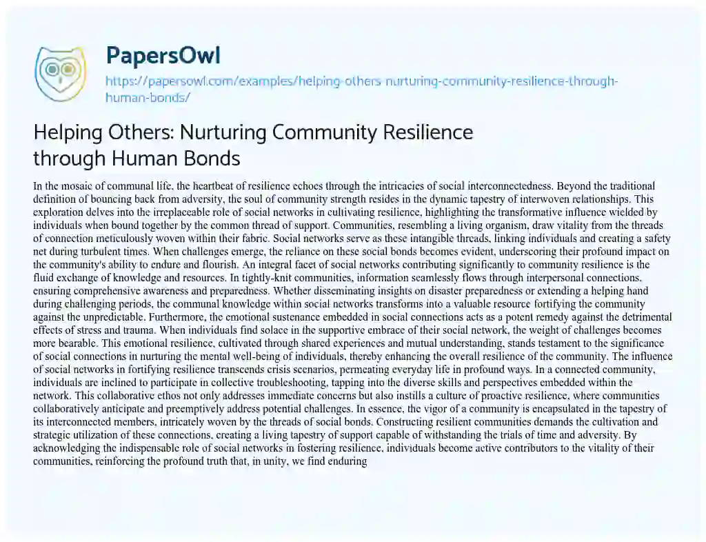Essay on Helping Others: Nurturing Community Resilience through Human Bonds