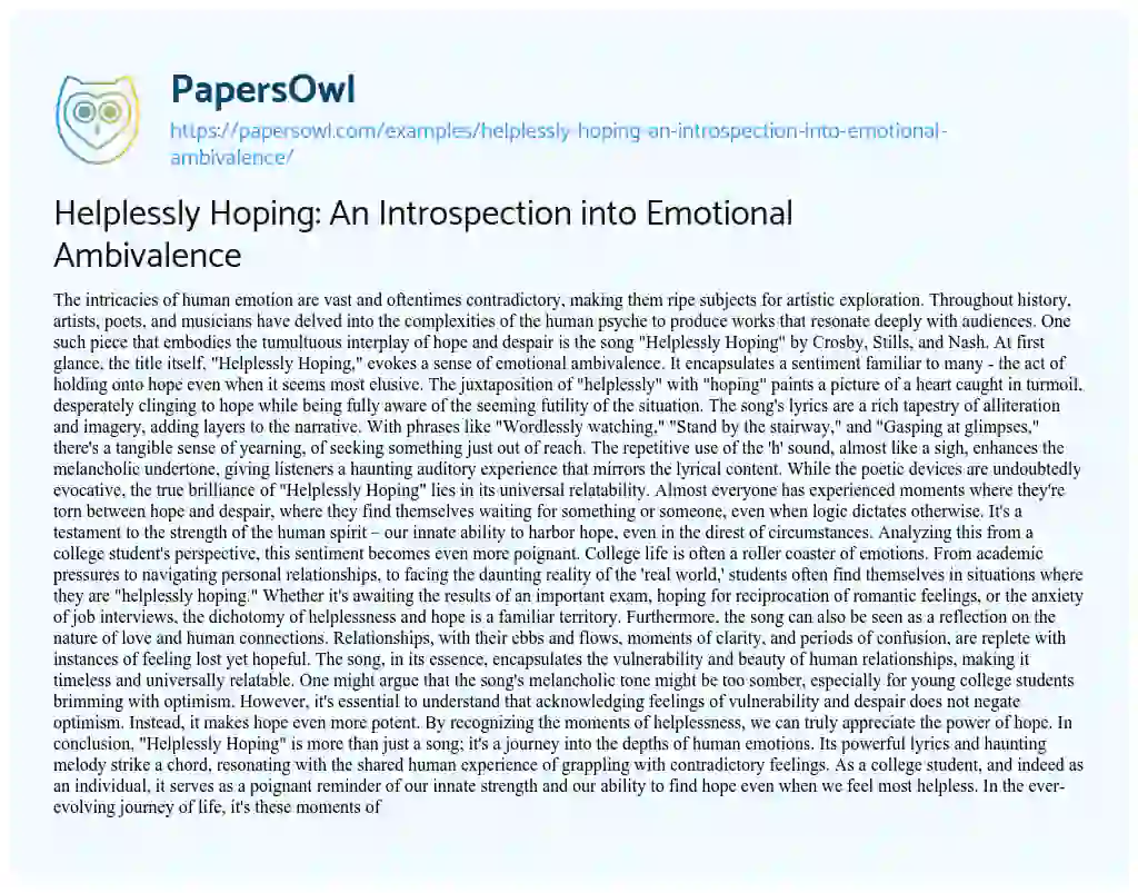 Essay on Helplessly Hoping: an Introspection into Emotional Ambivalence