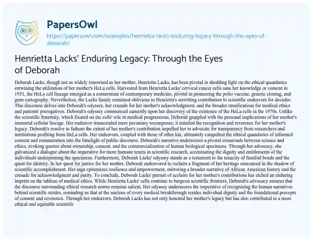Essay on Henrietta Lacks’ Enduring Legacy: through the Eyes of Deborah
