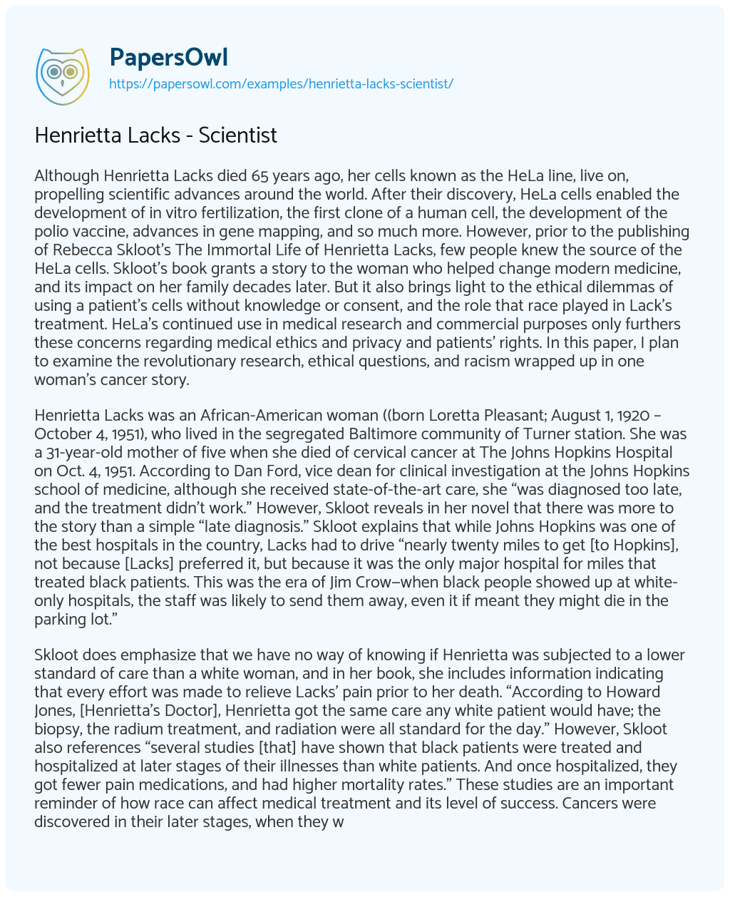 Essay on Henrietta Lacks – Scientist