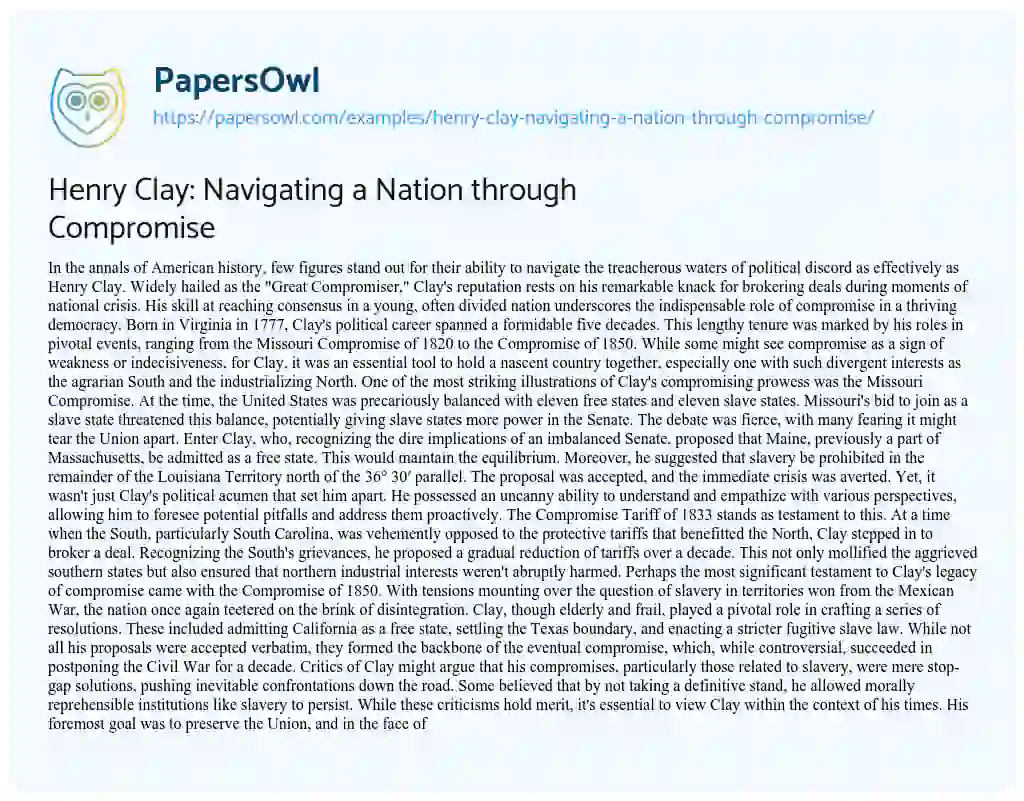 Essay on Henry Clay: Navigating a Nation through Compromise