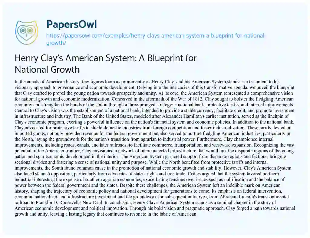 Essay on Henry Clay’s American System: a Blueprint for National Growth