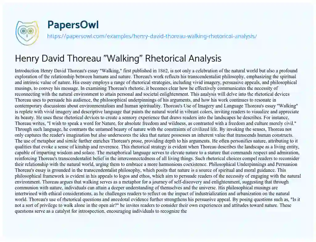 Essay on Henry David Thoreau “Walking” Rhetorical Analysis