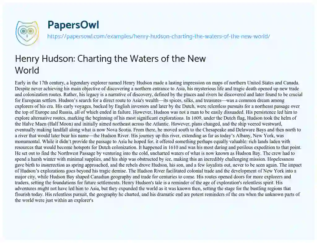 Essay on Henry Hudson: Charting the Waters of the New World