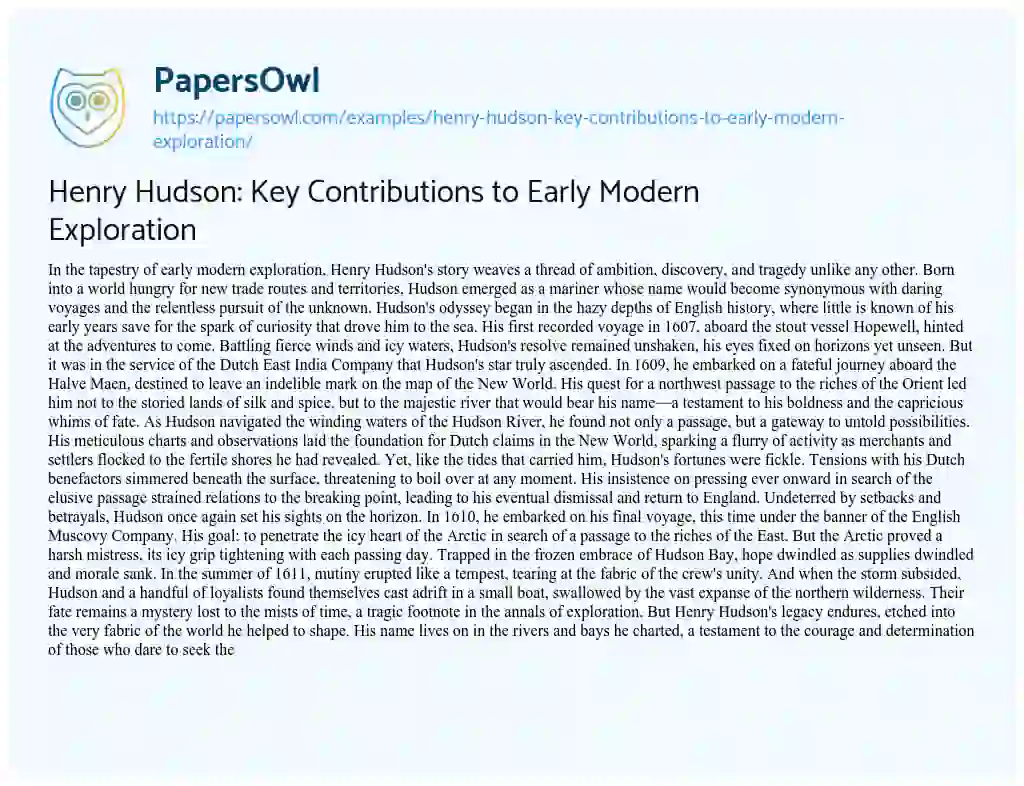 Essay on Henry Hudson: Key Contributions to Early Modern Exploration