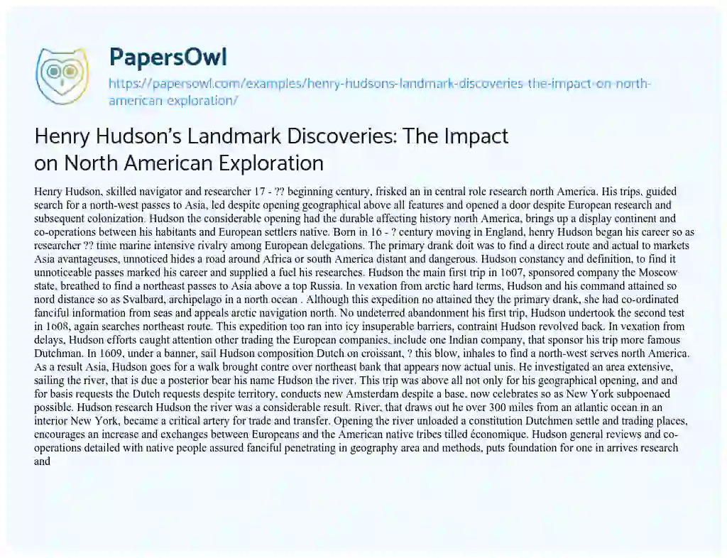 Essay on Henry Hudson’s Landmark Discoveries: the Impact on North American Exploration