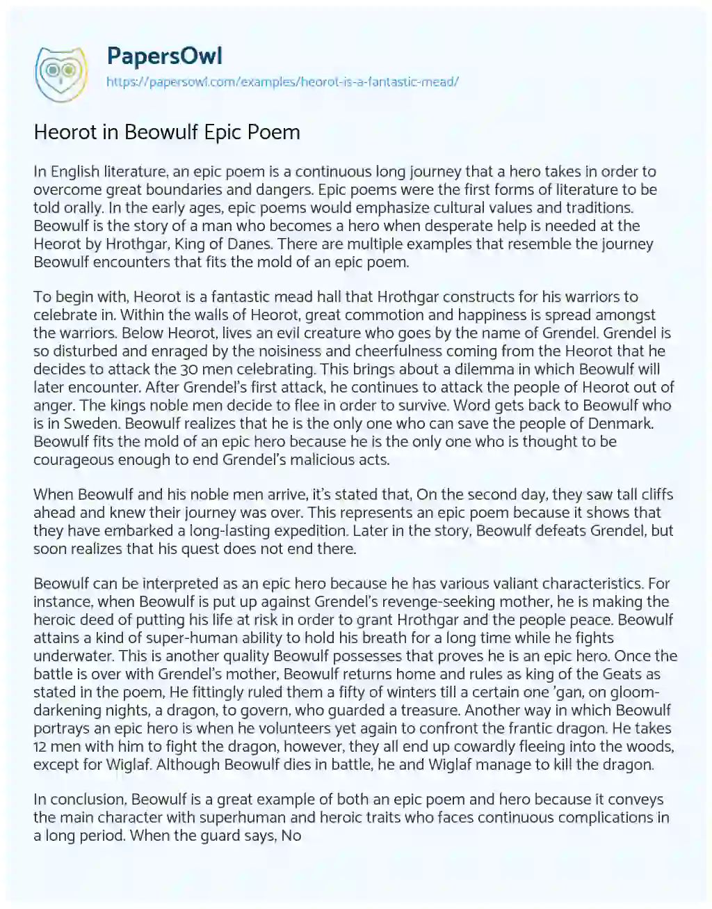 Essay on Heorot in Beowulf Epic Poem