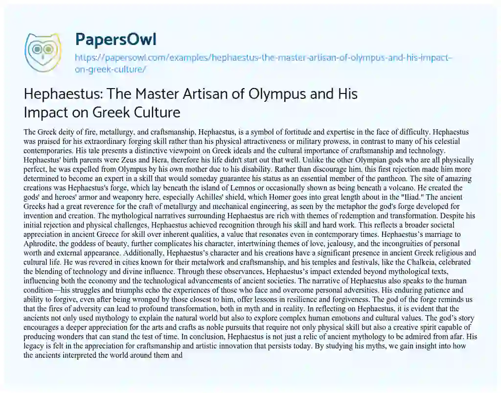 Essay on Hephaestus: the Master Artisan of Olympus and his Impact on Greek Culture