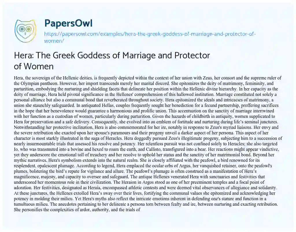 Essay on Hera: The Greek Goddess of Marriage and Protector of Women