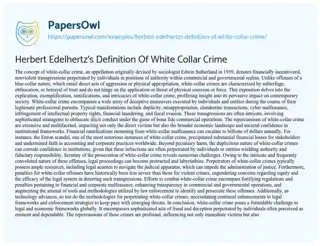 Essay on Herbert Edelhertz’s Definition of White Collar Crime