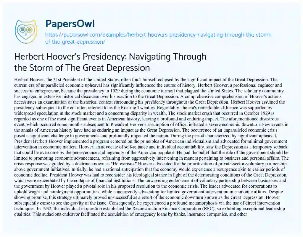 Essay on Herbert Hoover’s Presidency: Navigating through the Storm of the Great Depression