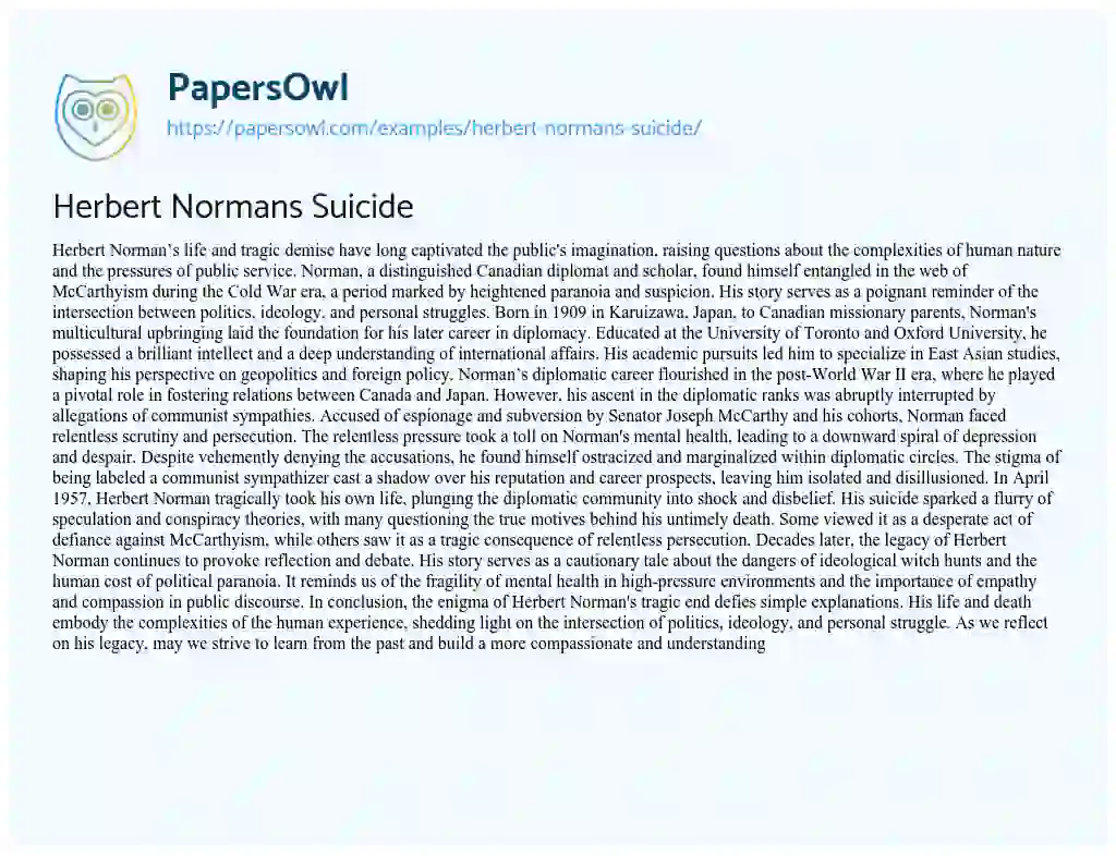 Essay on Herbert Normans Suicide