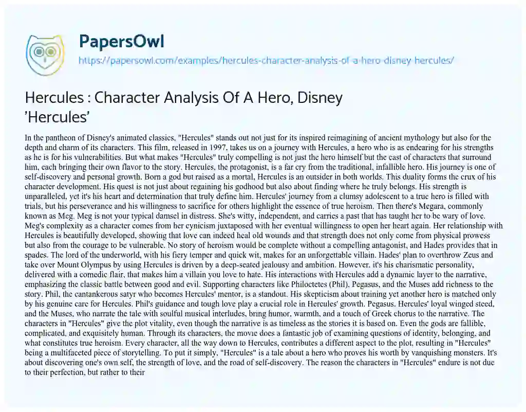 Essay on Hercules : Character Analysis of a Hero, Disney ‘Hercules’