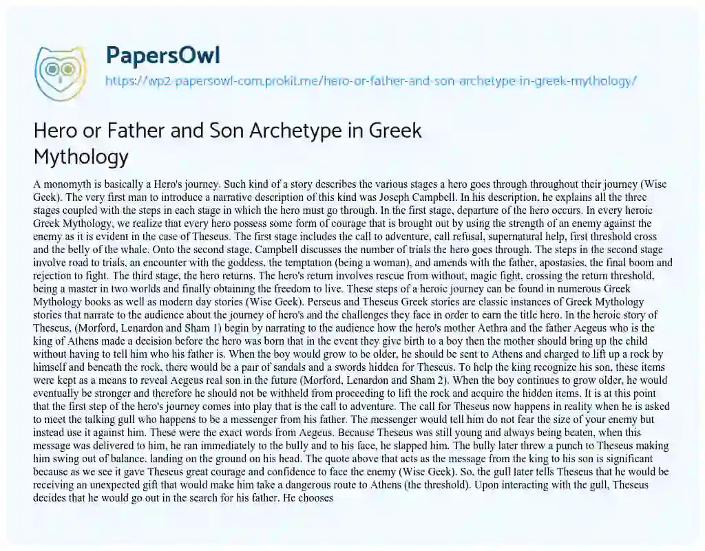 Essay on Hero or Father and Son Archetype in Greek Mythology