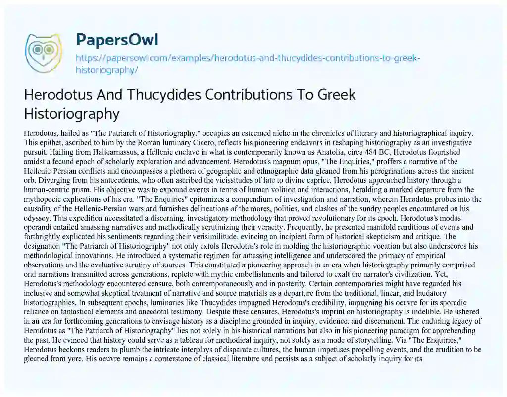 Essay on Herodotus and Thucydides Contributions to Greek Historiography