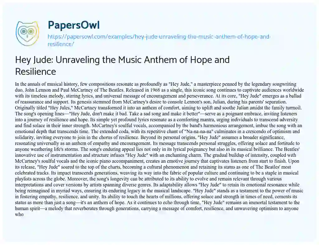 Essay on Hey Jude: Unraveling the Music Anthem of Hope and Resilience