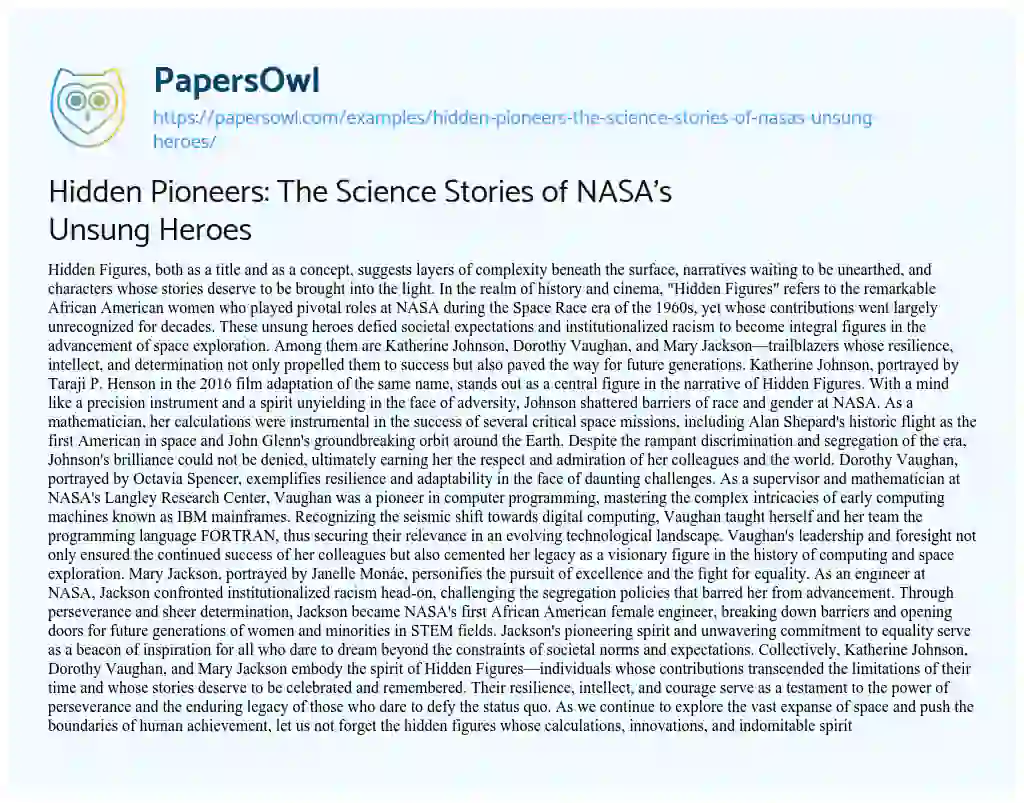 Essay on Hidden Pioneers: the Science Stories of NASA’s Unsung Heroes