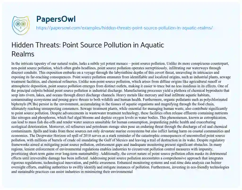 Essay on Hidden Threats: Point Source Pollution in Aquatic Realms