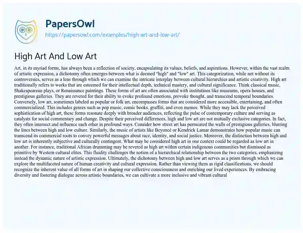 Essay on High Art and Low Art