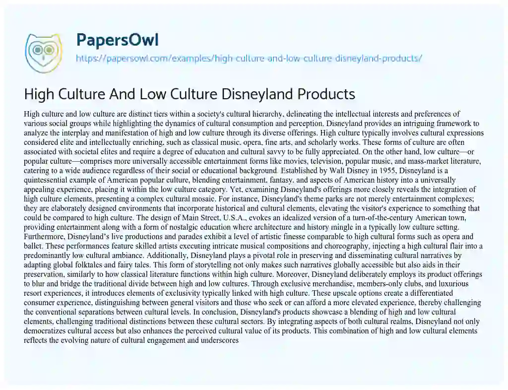Essay on High Culture and Low Culture Disneyland Products