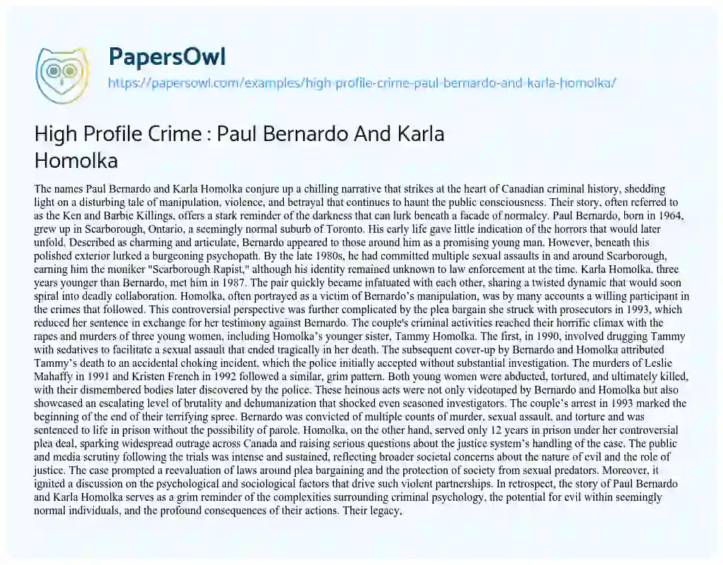 Essay on High Profile Crime : Paul Bernardo and Karla Homolka