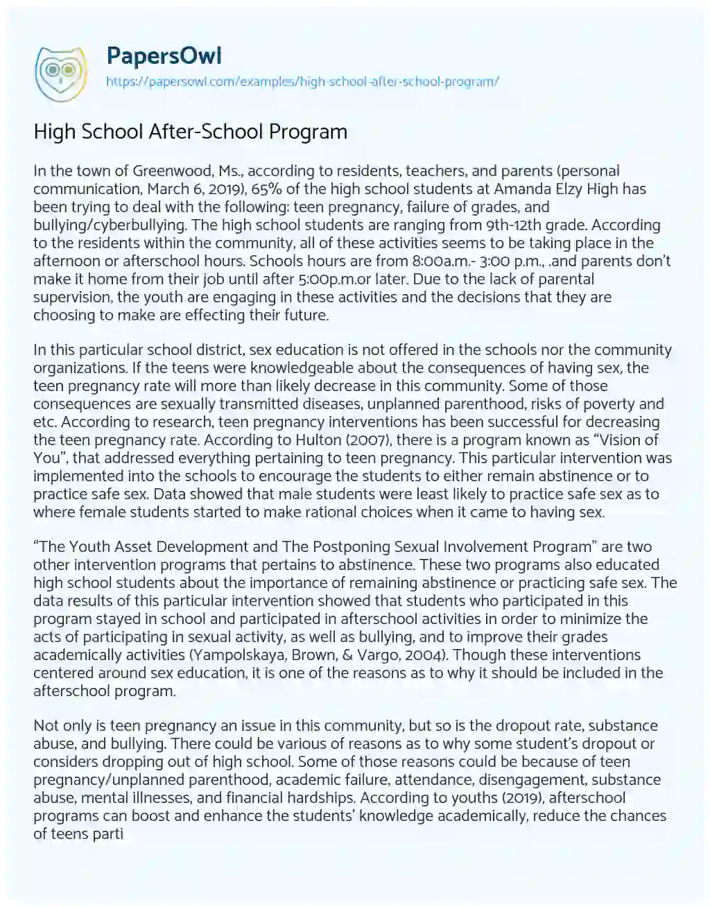 Essay on High School After-School Program