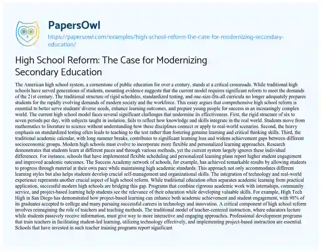 Essay on High School Reform: The Case for Modernizing Secondary Education
