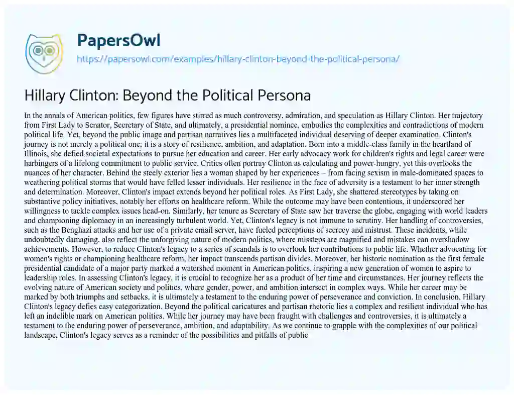 Essay on Hillary Clinton: Beyond the Political Persona