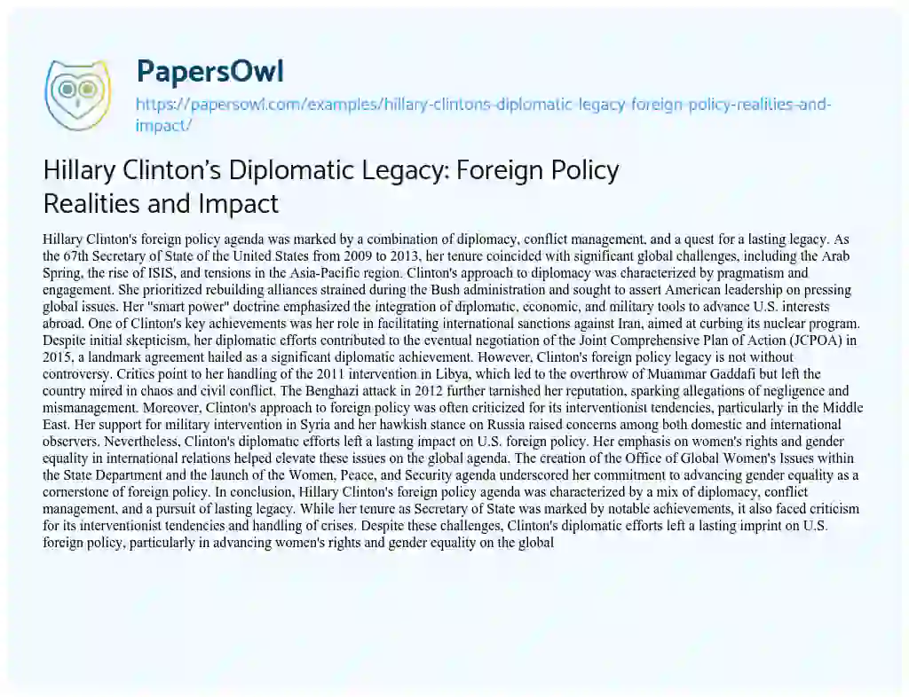 Essay on Hillary Clinton’s Diplomatic Legacy: Foreign Policy Realities and Impact