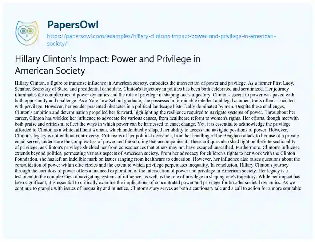 Essay on Hillary Clinton’s Impact: Power and Privilege in American Society