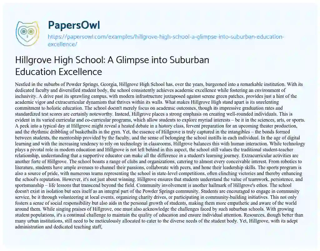 Essay on Hillgrove High School: a Glimpse into Suburban Education Excellence