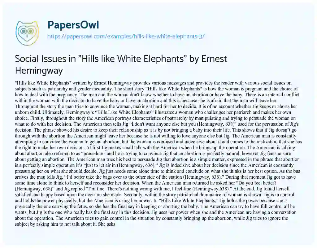Essay on Social Issues in “Hills Like White Elephants” by Ernest Hemingway