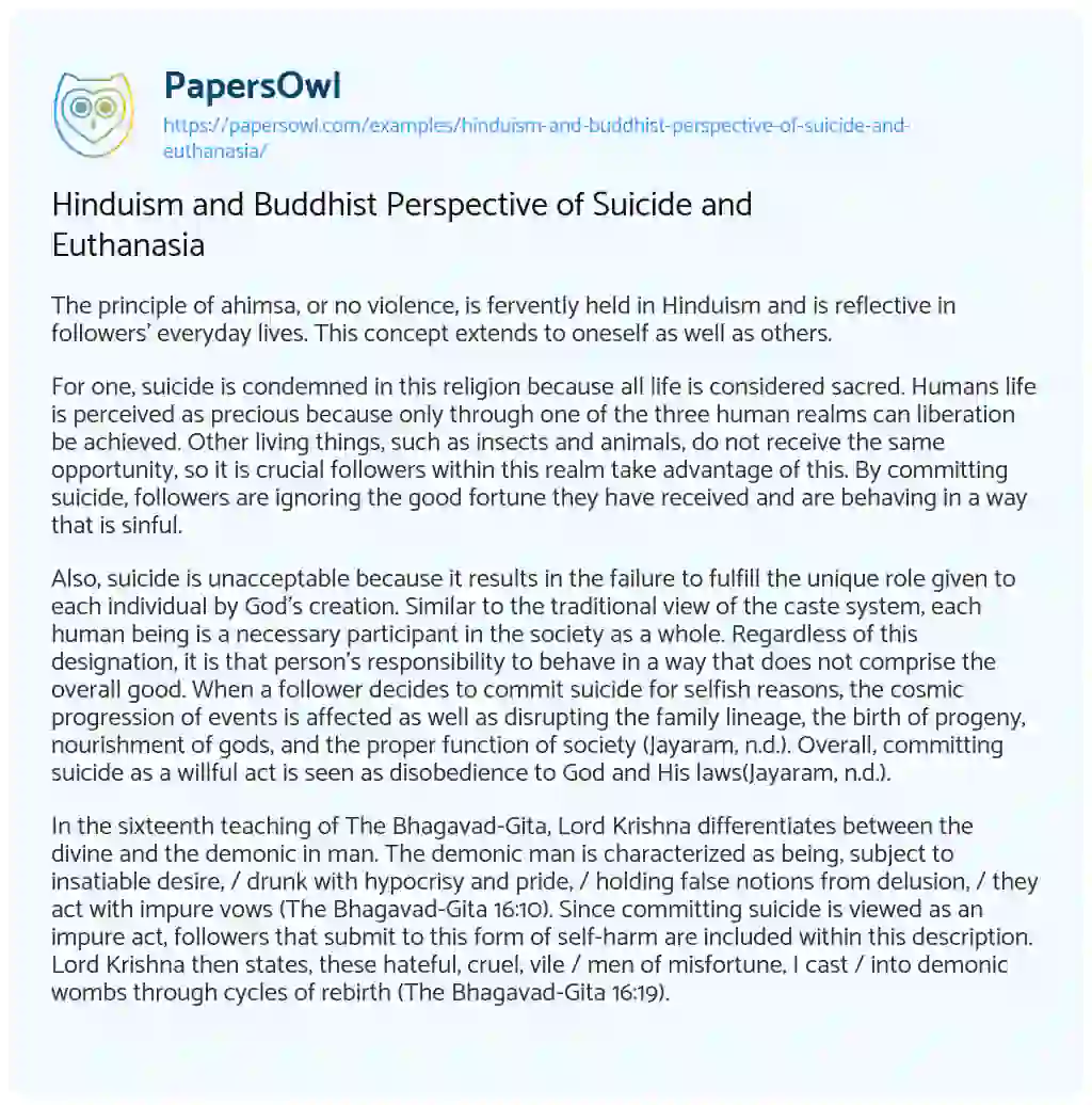 Hinduism and Buddhist Perspective of Suicide and Euthanasia essay