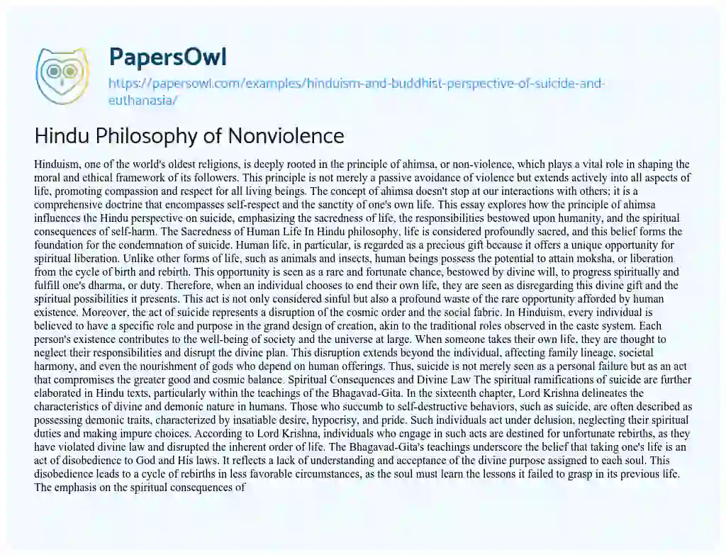 Essay on Hinduism and Buddhist Perspective of Suicide and Euthanasia