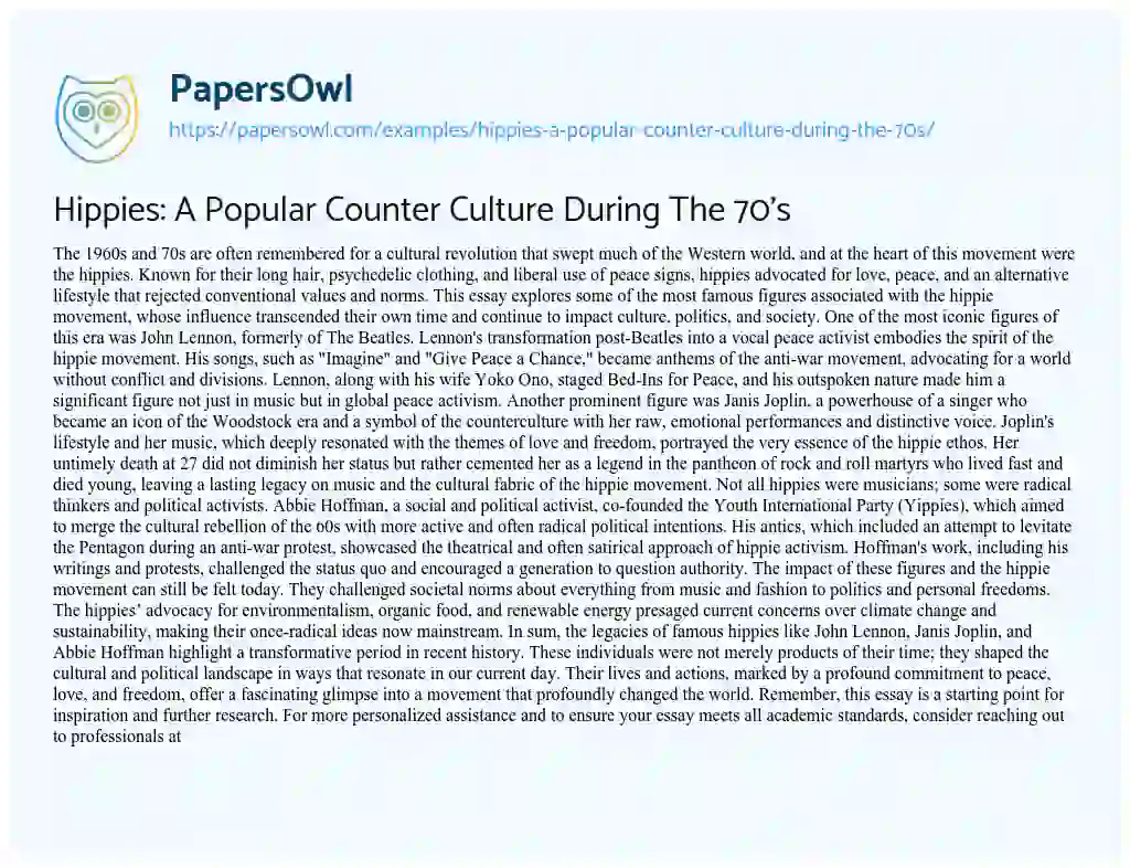 Essay on Hippies: a Popular Counter Culture during the 70’s