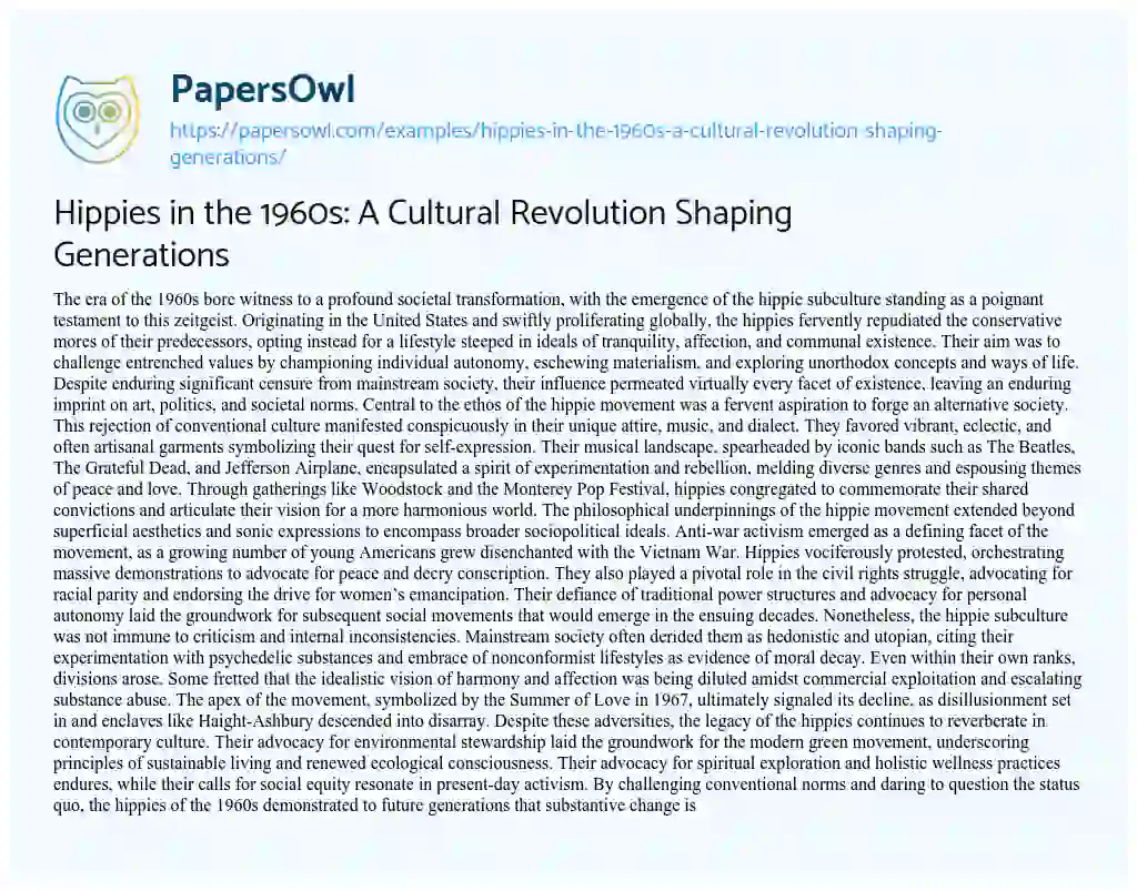 Essay on Hippies in the 1960s: a Cultural Revolution Shaping Generations