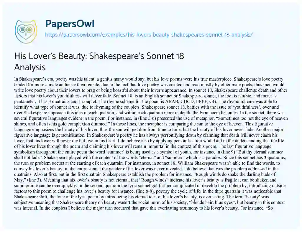 Essay on His Lover’s Beauty: Shakespeare’s Sonnet 18 Analysis