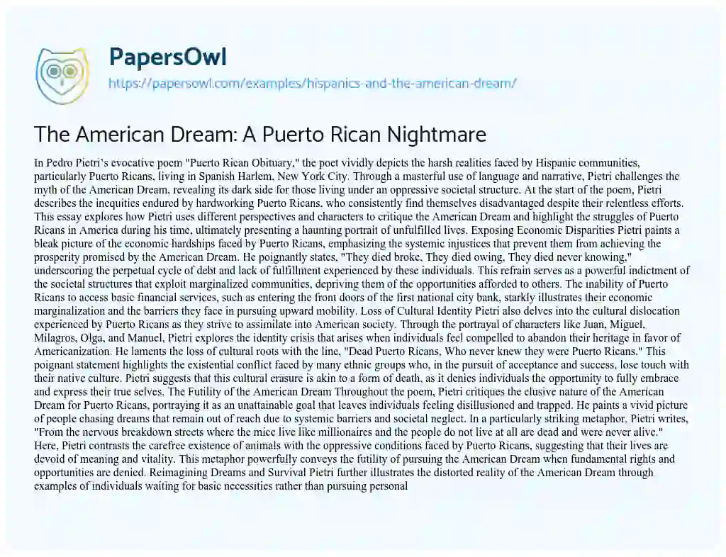 Essay on Hispanics and the American Dream