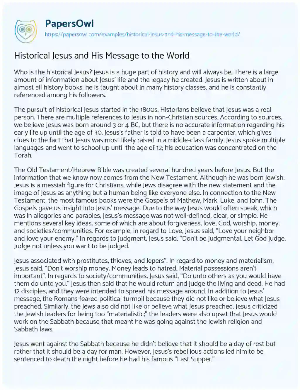 Essay on Historical Jesus and his Message to the World