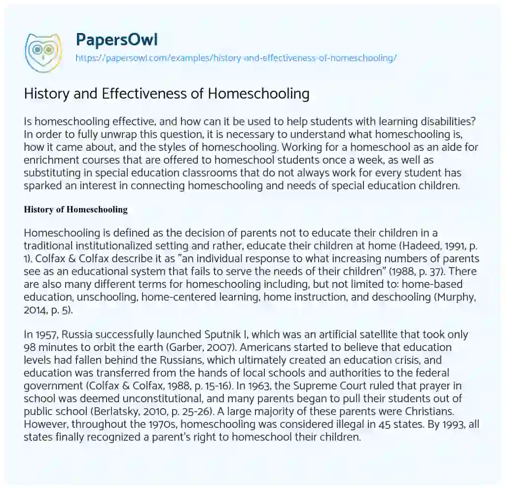 Essay on History and Effectiveness of Homeschooling
