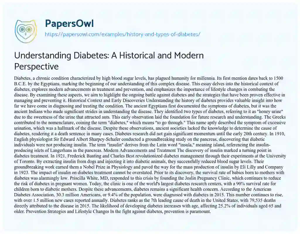 Essay on History and Types of Diabetes