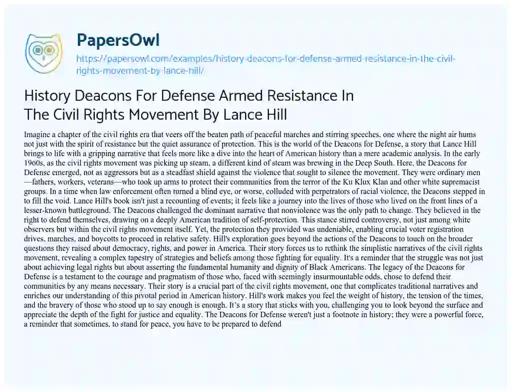 Essay on History Deacons for Defense Armed Resistance in the Civil Rights Movement by Lance Hill