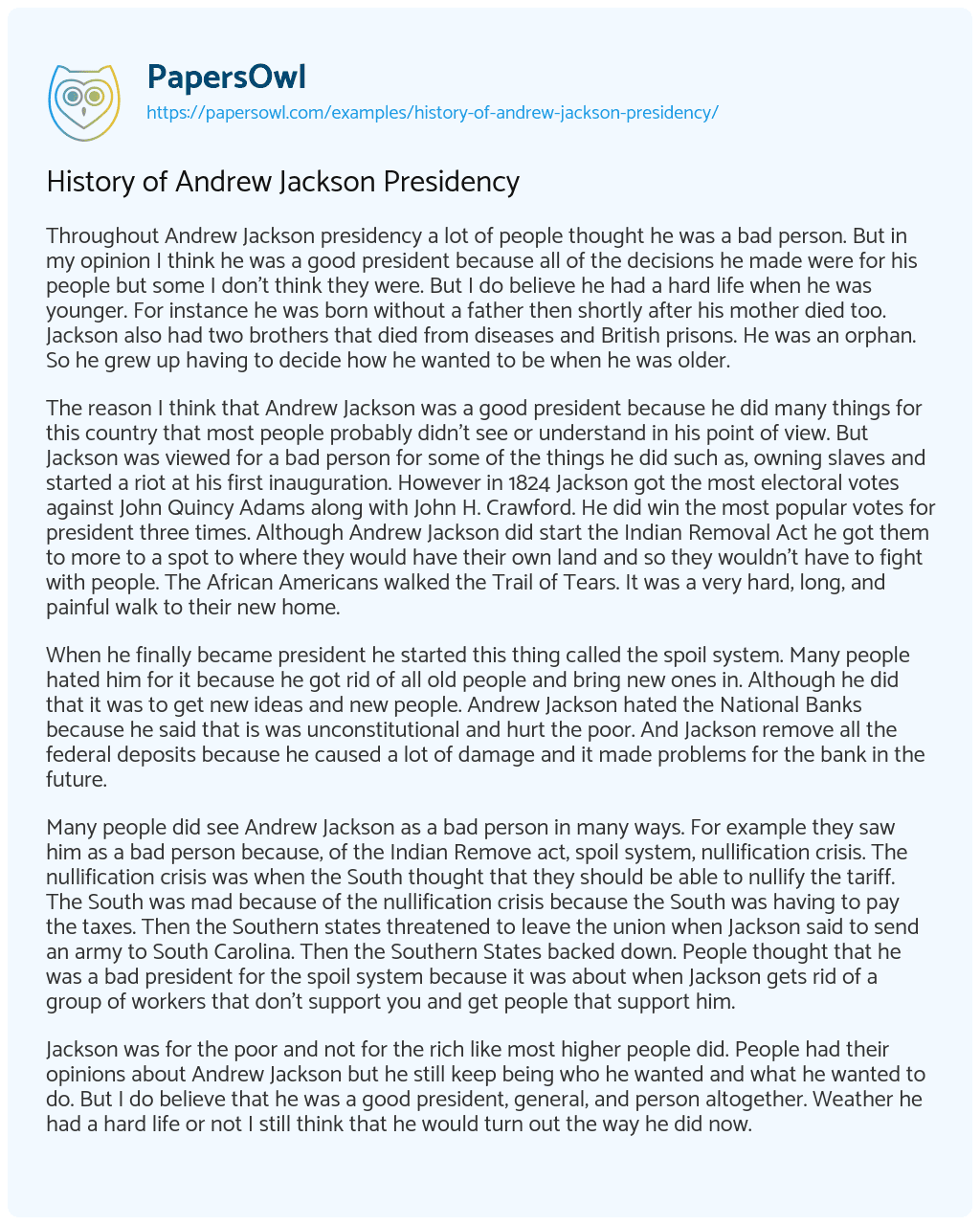 Essay on History of Andrew Jackson Presidency