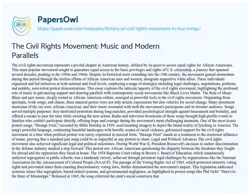 Essay on History of Civil Rights Movement in Four Songs